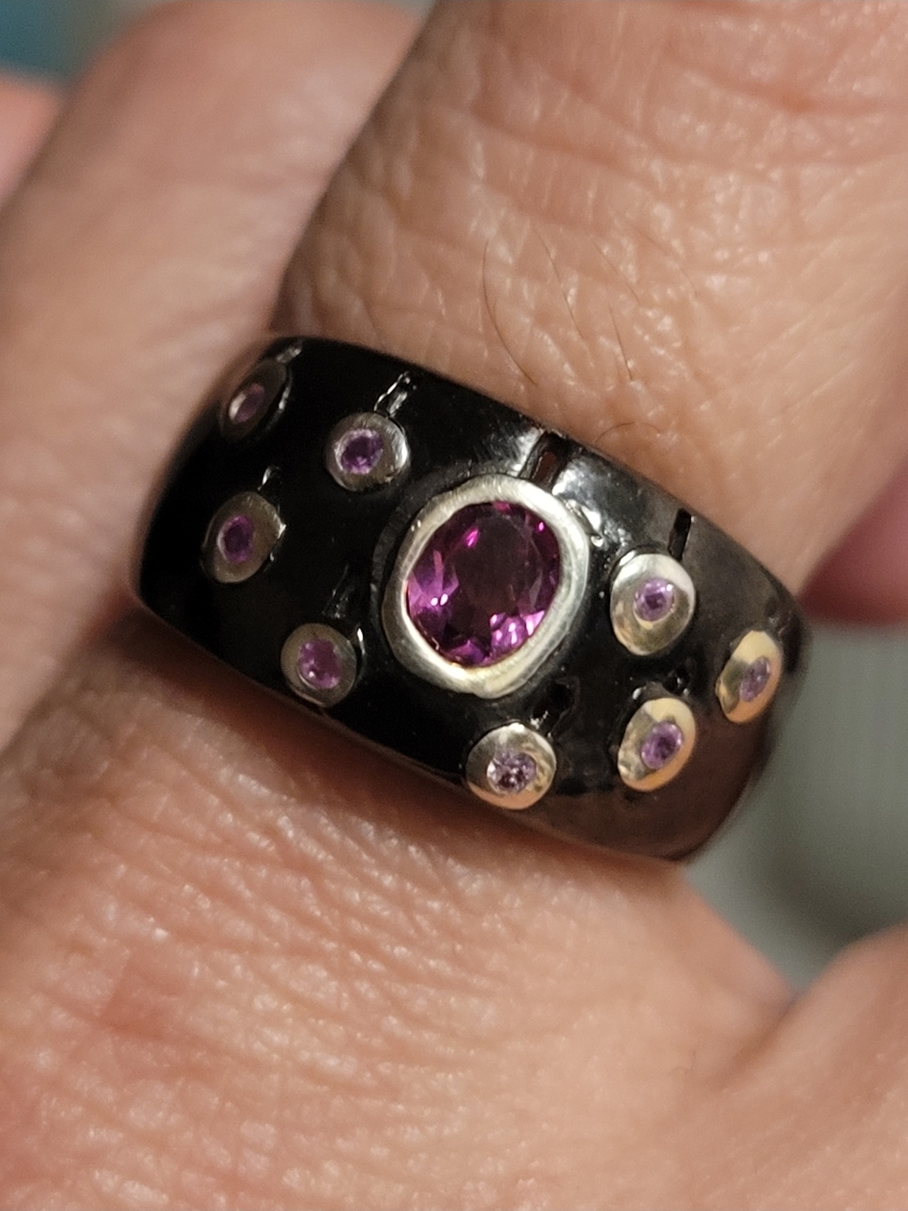 Source Unknown Black Band Ring with Purple Stones